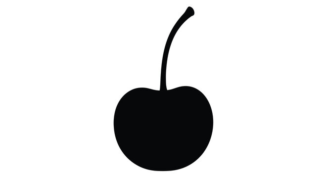 A simple black silhouette of a single cherry with a curved stem