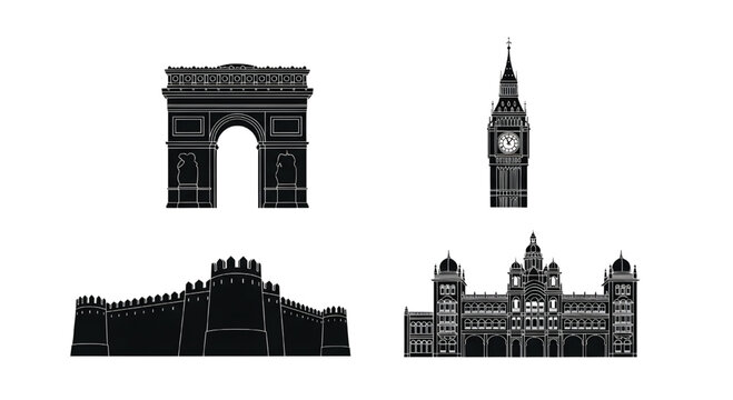 Famous landmarks of Europe in black and white