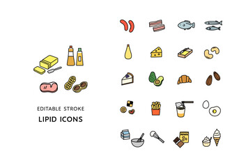 脂質を含む食べ物のアイコンセット