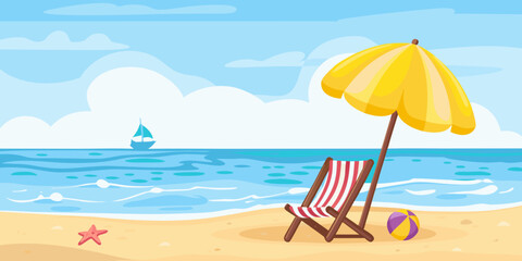 A bright yellow beach umbrella and chair overlooking a calm ocean