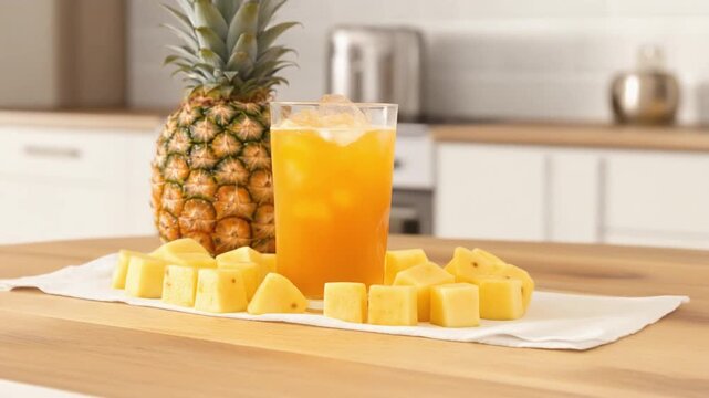 Fresh Pineapple Juice and Chunks on Kitchen Countertop