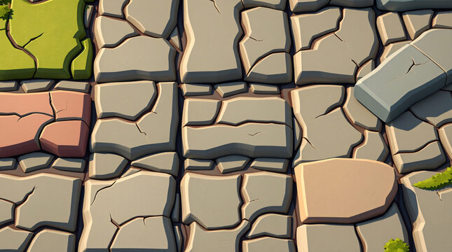 Stylized Hand-Painted Modular Stone Road Tiles Texture with Simplified Cracks and Color Variations for Isometric Game Environment Design