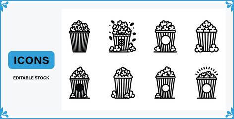 Collection of popcorn bucket icons in different styles and designs for cinema and movie night concepts  various popcorn containers © Badsha Mollik
