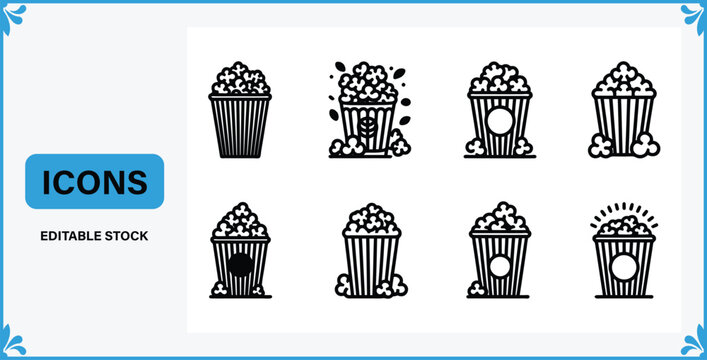 Collection of popcorn bucket icons in different styles and designs for cinema and movie night concepts  various popcorn containers