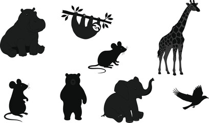 Fototapeta premium Animal silhouette vector set, wild zoo animals collection including giraffe, elephant, bear, hippo, sloth, bird, mouse, decorative wildlife design illustration
