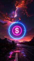 A dark road with a neon dollar sign under a stormy sky