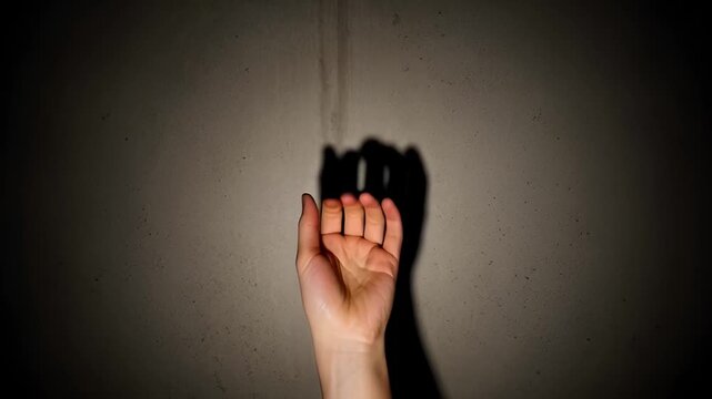 Hand gestures and shadows on a textured wall.