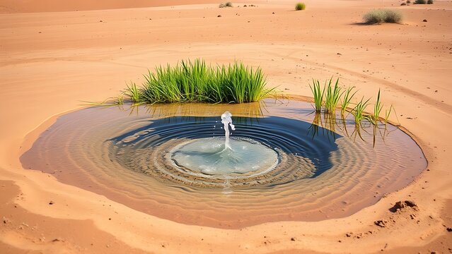artesian. A desert artesian spring creating a pool surrounded by green reeds. ESG reports, sustainability campaigns, designed for environmental awareness campaigns, drives climate awareness.