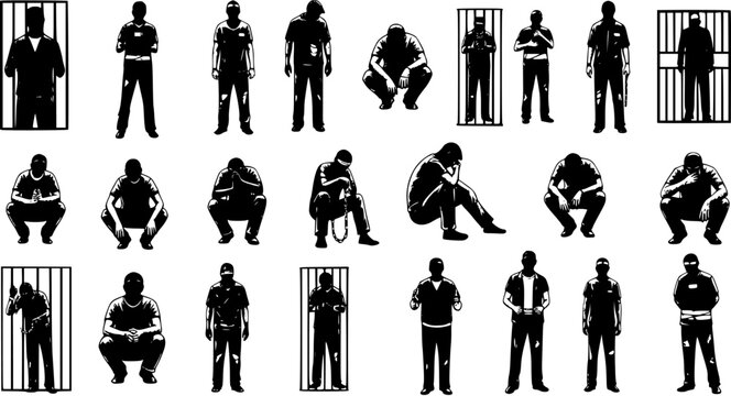 Silhouette Icons of Prisoners in Various Poses and Cages, Black and White Vector Art
