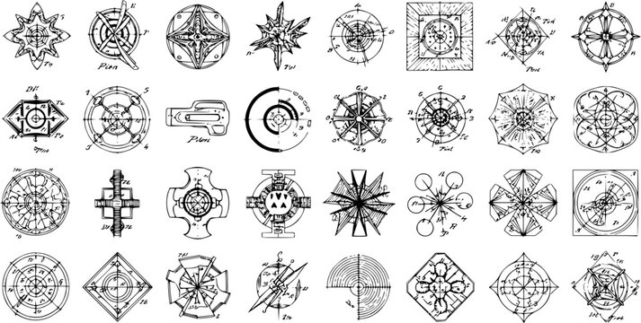Collection of vintage hand-drawn compass rose designs, geometric patterns, and technical blueprint symbols. Intricate navigation and ornamental vector illustrations.