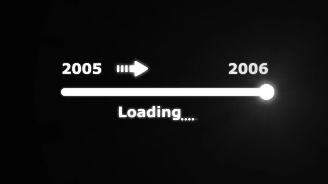 Futuristic white progress bar visually the transition from 2005 to 2006 with a bright slider and arrow on a black background. embodying future progress and technological advancement.