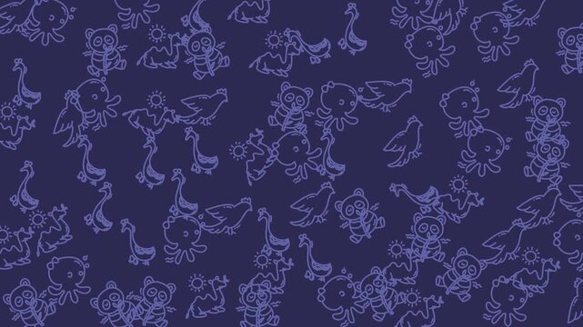 Charming seamless pattern of cute cartoon animal outlines, including ducks and chickens, in a playful light blue on a dark indigo background, great for kids designs.