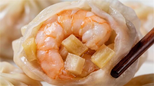 Exquisite Shrimp Dumpling: A close-up view unveils a delicate dumpling filled with succulent shrimp and pineapple chunks, promising a burst of flavor in every bite. 