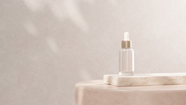 3D render studio setup showing a glass serum bottle placed on a marble podium platform. Minimal cosmetic product mockup scene with soft lighting and copy space designed for skincare branding