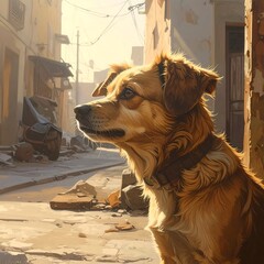 A dog sits on a desolate street, surrounded by debris and ruined buildings