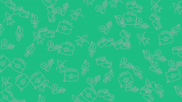 Looping education doodle icons pattern on teal background.