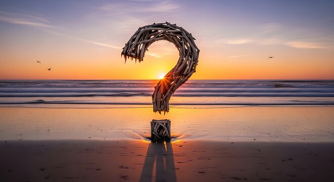 Large question mark sculpture crafted from driftwood stands on a beach at sunset