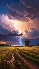 A dramatic stormy landscape with a dirt road