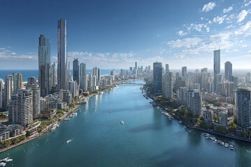 Naklejka premium Modern city skyline aerial view with skyscraper buildings along river under blue sky with scattered clouds and boats on water creating peaceful urban atmosphere