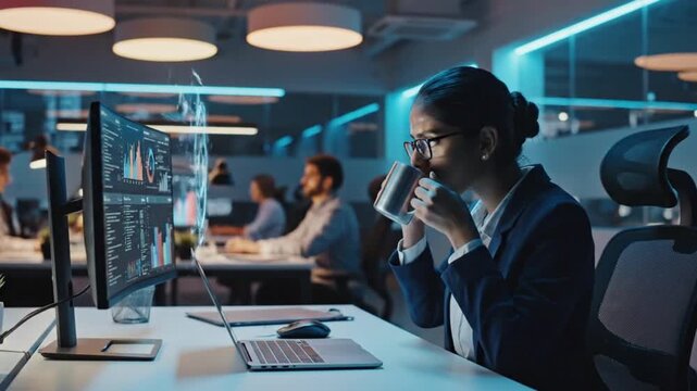 Working in a Modern Open Plan Office with Computer Screens and Focused Professional