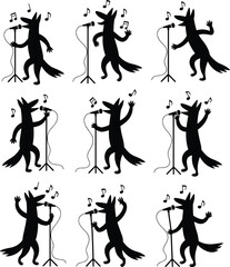 A comprehensive collection of singing fox silhouettes performing on stage with microphones and musical notes ideal for music festivals concert posters and creative designs.
