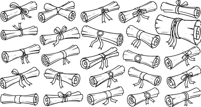 Hand-drawn collection of vintage scrolls and diplomas with various ribbons and seals, a detailed outline sketch set perfect for education, achievement, or ancient document themes.
