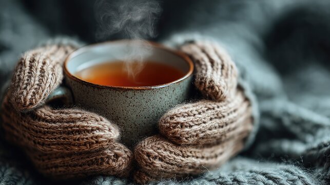 Close up of hands holding a warm tea cup, steam rising, knitted sweater, comfort and hygge concept 