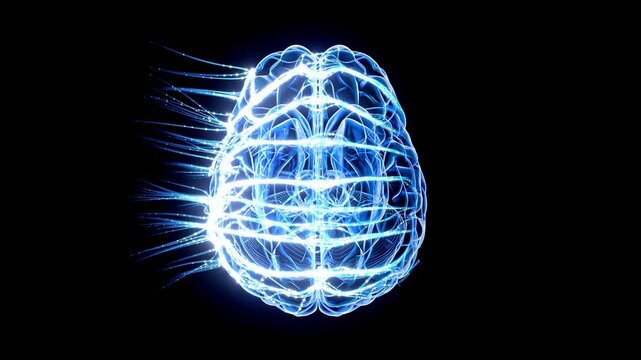 Brain digital blue color. Neuron connections or Electric current runs through the brain. Futuristic medical technology concept. Animation 3D Render.