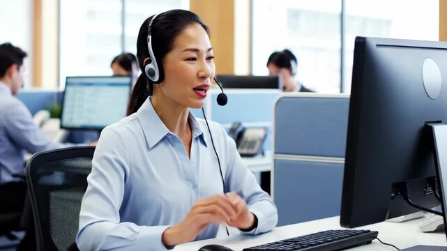 Friendly smiling woman call center operator with headset using computer at office video