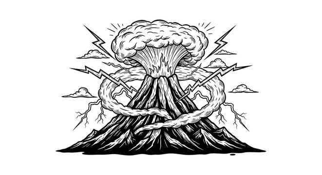 Powerful Volcanic Eruption with Lightning and Smoke Illustration.