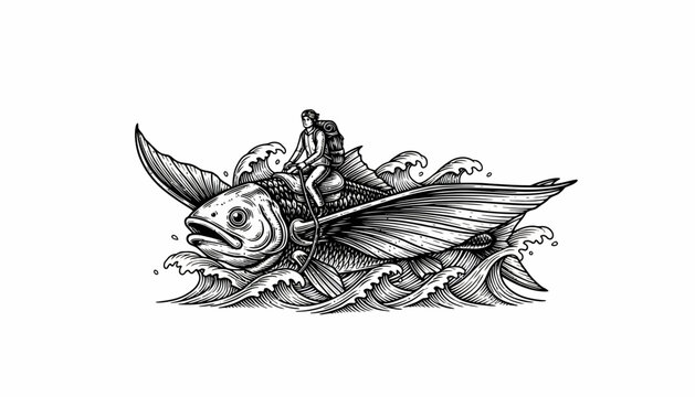 Person riding a large flying fish through ocean waves.