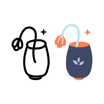 flowers in a vase with lineart and flat design versions