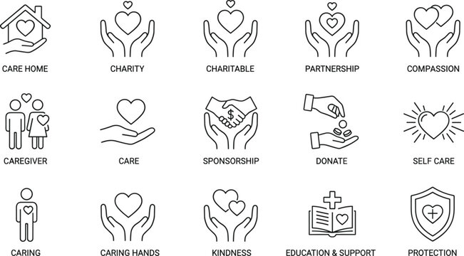 Charity care line icons set, compassion donation caregiver support partnership kindness protection symbols, outline vector collection for nonprofit social help