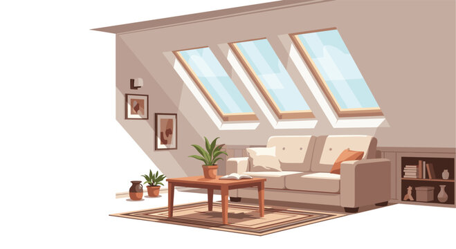A side view of a cozy attic living room featuring three skylights a beige sofa and a wooden coffee table on a rug.