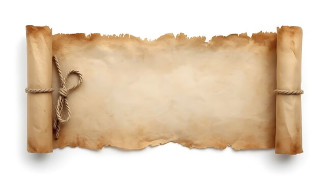 Image features a vintage-style The scroll is unrolled partially, revealing a blank, aged surface with a light brown hue and slightly darker edges, suggesting wear and age.