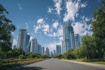 Fototapeta premium Modern downtown skyline with glass office buildings and green trees lining wide empty road under bright blue sky with scattered clouds on sunny day