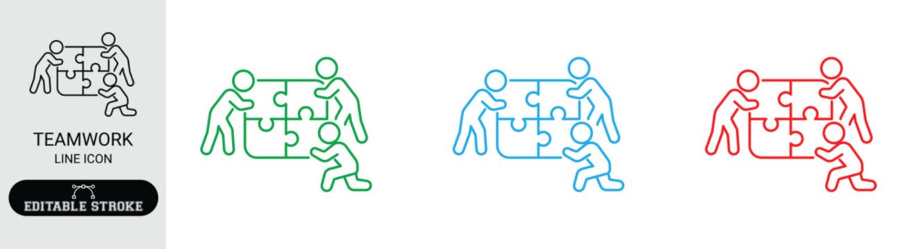 teamwork puzzle pieces line icon people working together business collaboration concept editable stroke