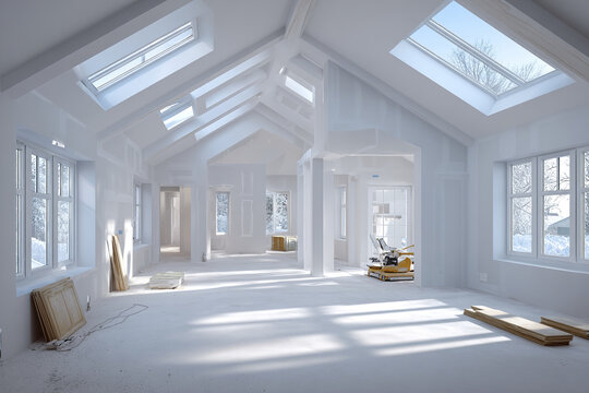 Modern house renovation interior with unfinished walls and ceiling, bright natural light from skylights and windows, spacious open floor plan with construction materials and tools