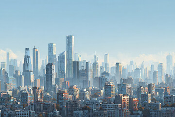 Fototapeta premium Modern metropolitan skyline during daytime with high rise building cluster under clear blue sky, showcasing urban architecture and cityscape in soft natural light