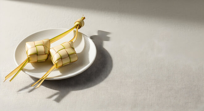 Close-up of hand-woven Ketupat on a plate, High-resolution