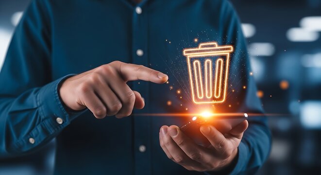 Person interacts with smartphone displaying digital trash bin icon symbolizing data deletion and mobile cleanup concept
