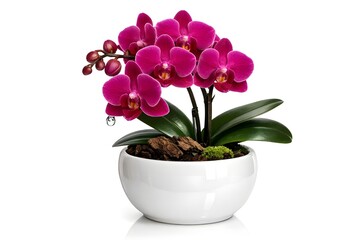 Naklejka premium Vibrant magenta potted orchid blooming isolated on white