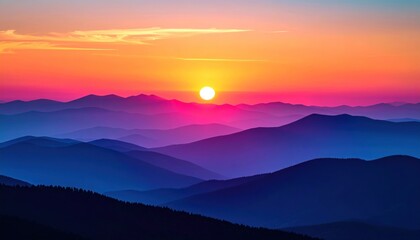 Obraz premium Vibrant Mountain Sunset - A Colorful Landscape of Rolling Hills.