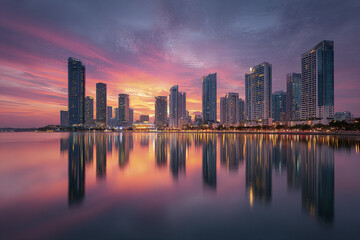 Fototapeta premium Modern urban skyline waterfront at evening with illuminated skyscraper reflections and colorful sunset sky creating peaceful and vibrant cityscape atmosphere