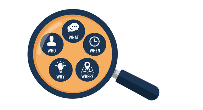 Five Ws Magnifying Glass Investigation Concept Flat Vector