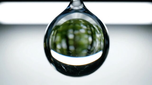 A macro shot of a single water droplet reflecting an inverted image of green trees against a bright, blurred background.