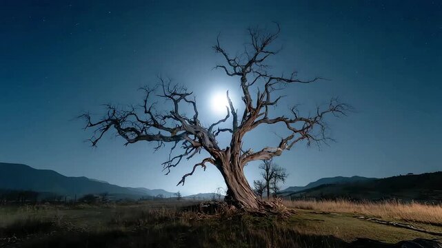A solitary, bare tree stands silhouetted against a radiant moonlit sky. Evokes solitude, resilience, and the beauty of nature's starkness. Perfect for