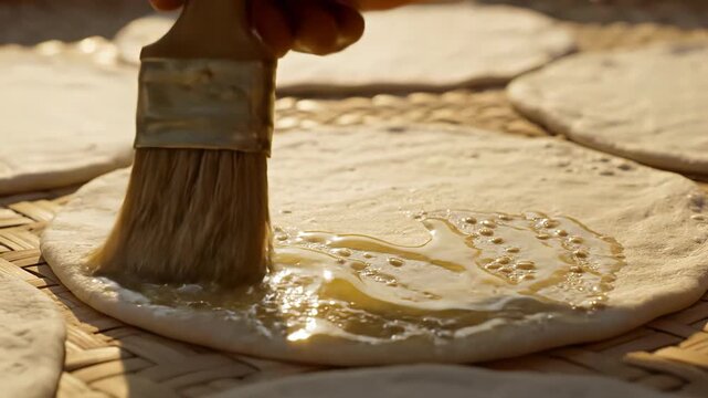 Close up of a hand brushing olive oil onto unleavened flatbread dough rounds arranged on a woven mat in warm natural light