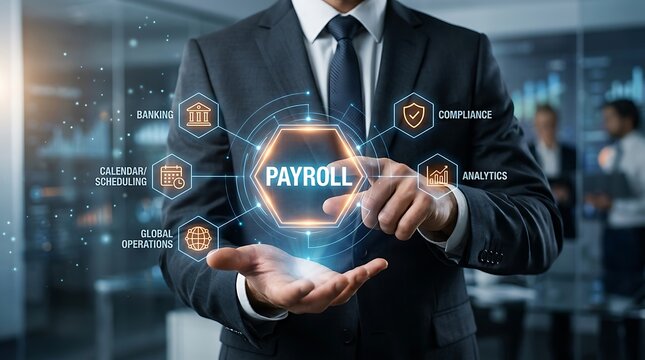 Businessman interacting with payroll hologram surrounded by banking, compliance, analytics, scheduling and global operations icons representing financial and HR management