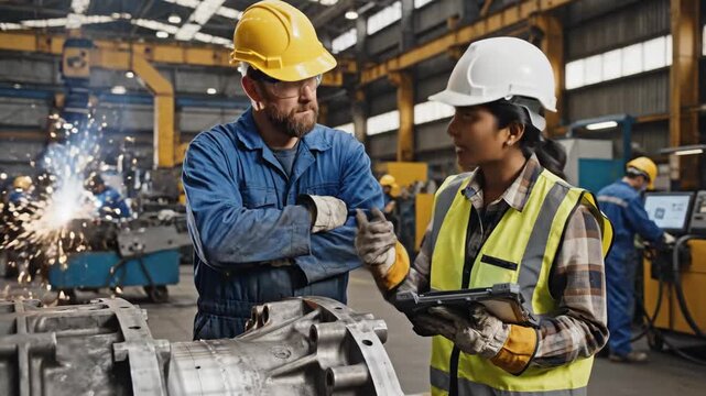 Two industrial workers inspecting work piece standing on the fac video